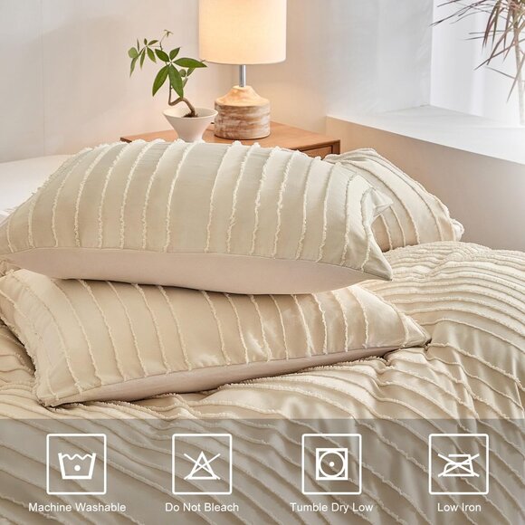 Boho Duvet Cover Striped Textured Duvet Cover Set Tufted Bedding Set  Khaki - Picture 5 of 8